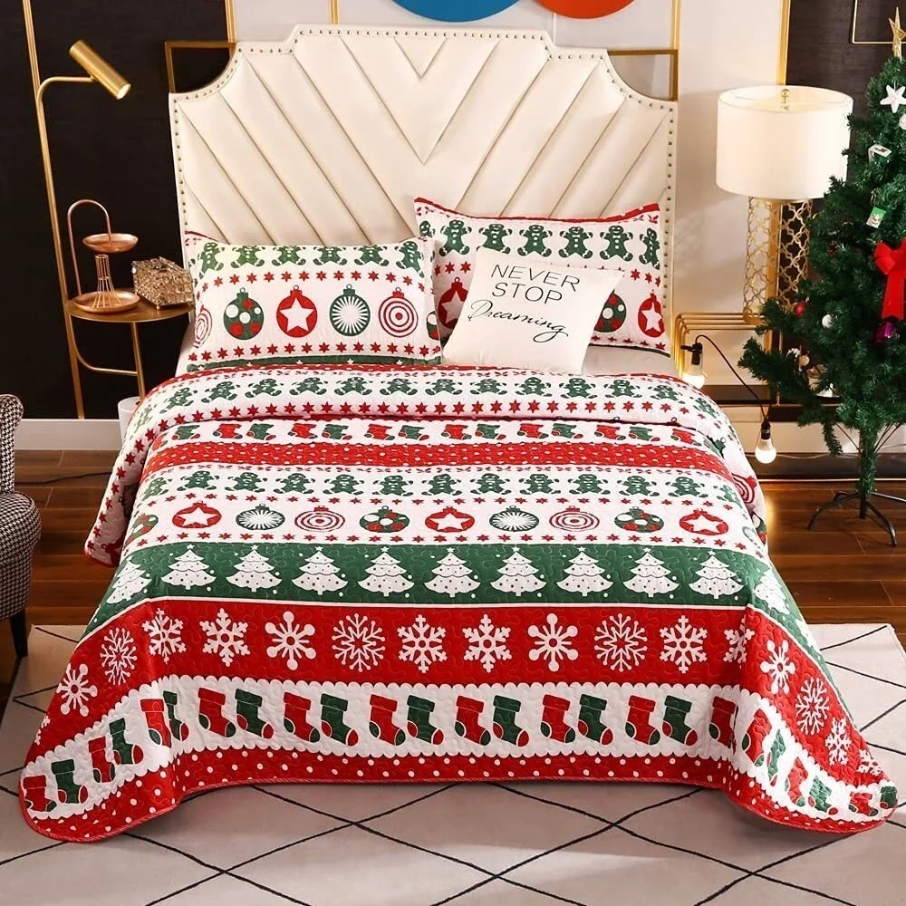 Christmas Quilt Set Twin Size Holiday Snowflakes Cozy Bedding Coverlet